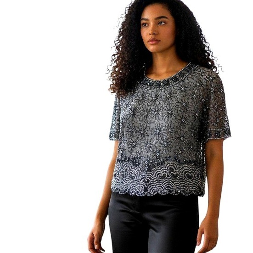 Vintage Papell Silk Beaded‎ Sequin Floral Evening Top Sz M Silver Gray